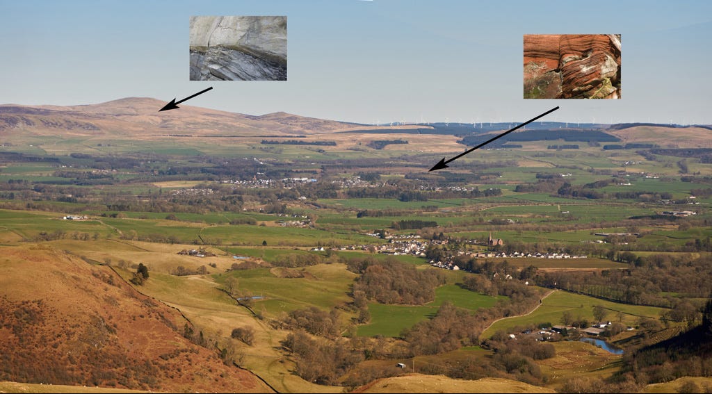 wide valley with two rocktype impages overlaid
