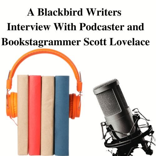 Stack of books wearing headphones and a podcast microphone