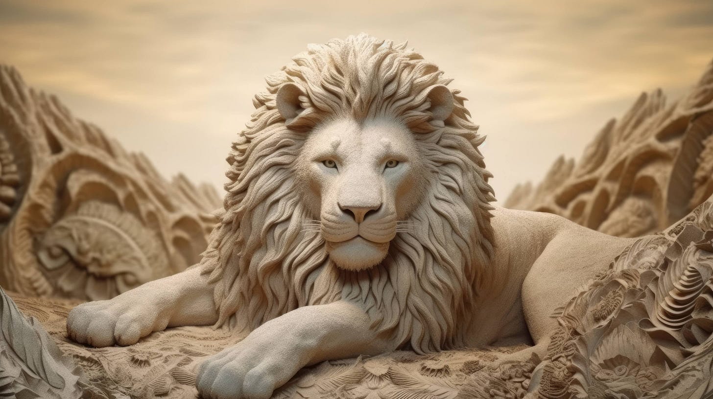 A majestic lion sculpted entirely from shimmering sand, with intricate  details showcasing its fierce mane and piercing gaze, crafted using a blend  of sand textures, capturing the ephemeral beauty of the moment