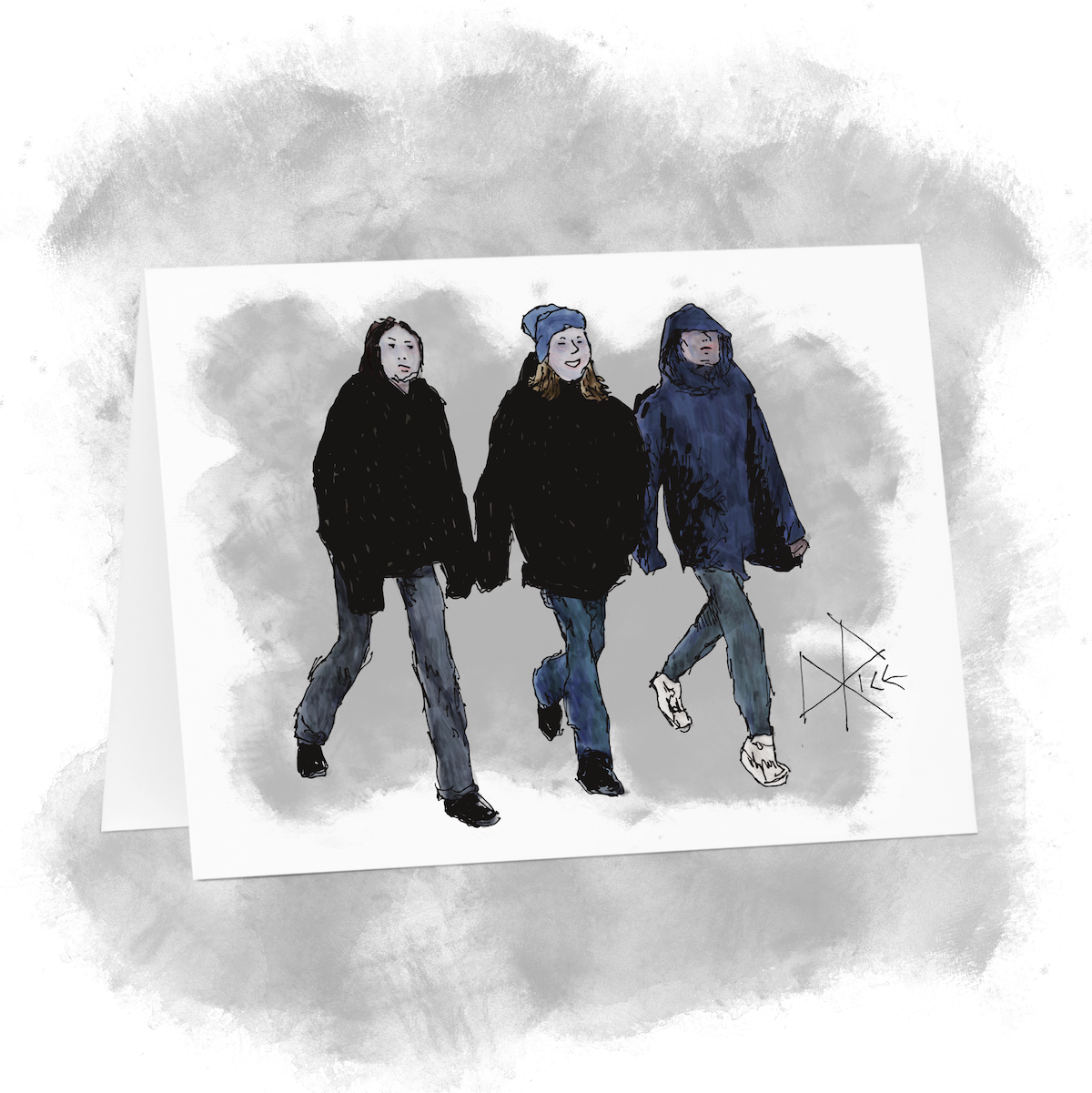Three teen friends out walking in winter, their steps having become in synch over time. Sketch art by Don Rice. Three teen friends out walking in winter, their steps having become in synch over time. Sketch art by Don Rice.