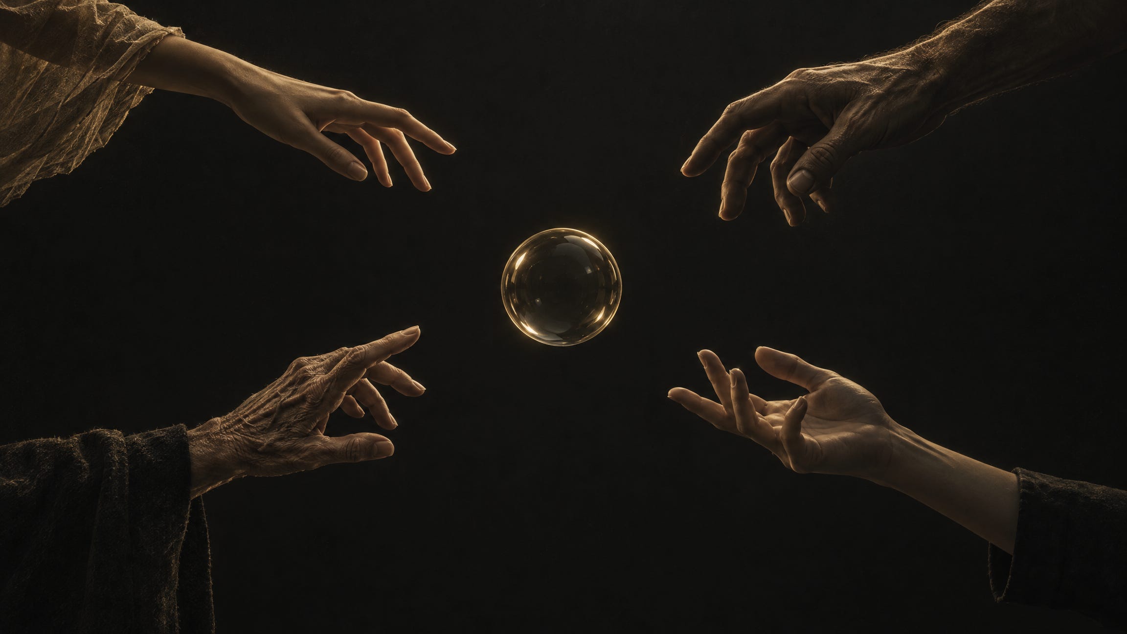 Four human hands of different ages reach in from the corners of a black frame toward a small empty glass sphere floating in the center. None of them touches it. The sphere catches a thin line of gold light.