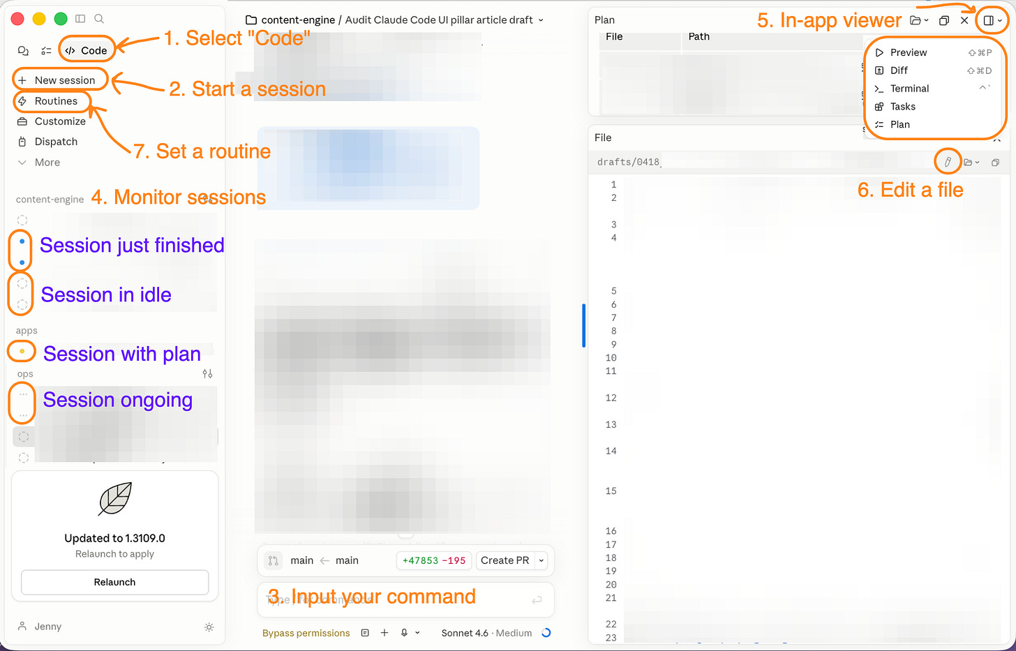 claude code UI detailed explain: 1. select code tab; 2. start a session; 3. input your command; 4. monitor sessions; 5. in-app viewer; 6. edit a file; 7. set a routine.