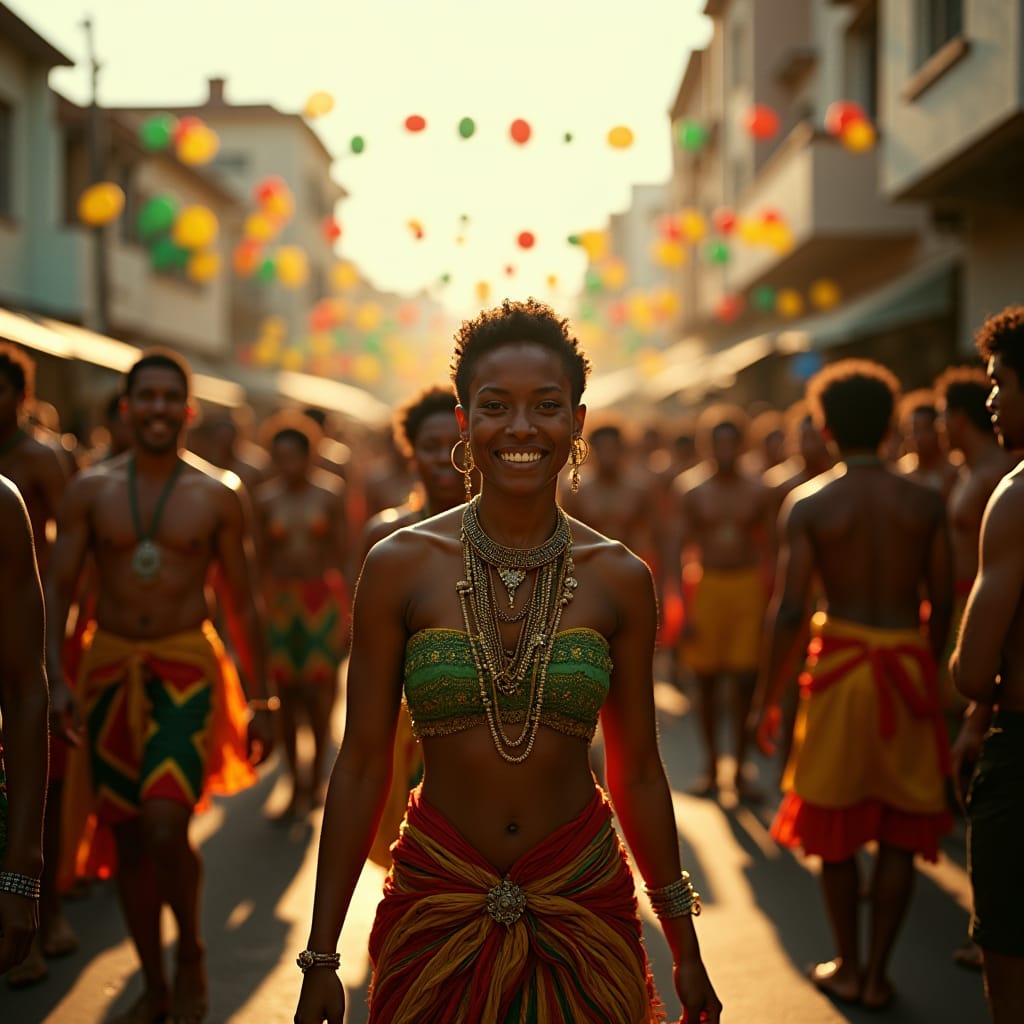 A majestic celebration unfolds in Jamaica as the nation commemorates its 50th anniversary of independence. Vibrant revelers, dressed in traditional attire, gather in the streets, their faces aglow with pride and joy. The scene is bathed in a warm, golden light