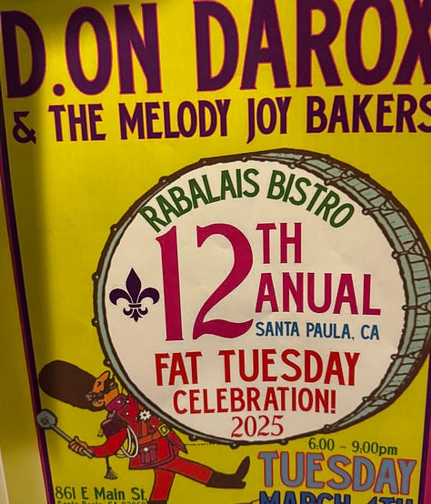 Various images of Mardis Gras at Rabalais' Bistro.