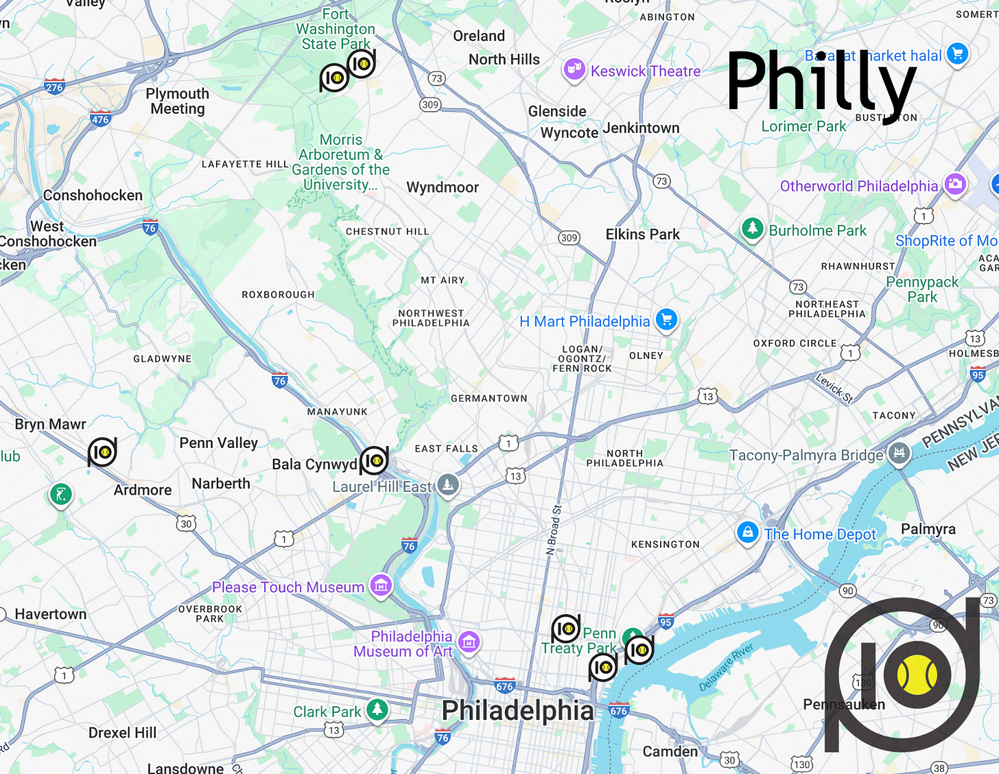 Map showing padel clubs in greater Philadelphia area