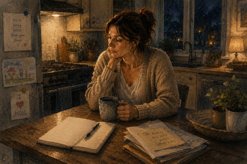 A thoughtful woman sitting alone in a dimly lit kitchen at night, reflecting on anxiety and emotional exhaustion A thoughtful woman sitting alone in a dimly lit kitchen at night, reflecting on anxiety and emotional exhaustion