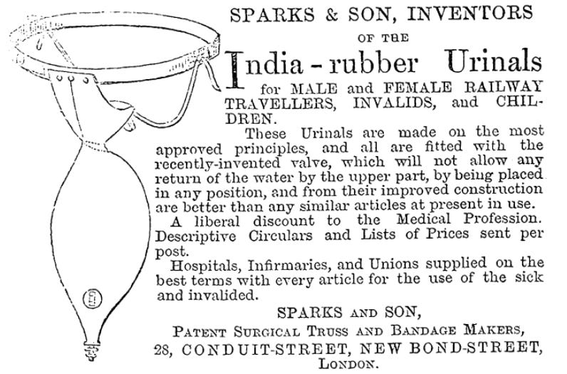 An advertisement for Sparks & Son India Rubber Urinals, showing a drawing of a rubber sack attached to a belt.