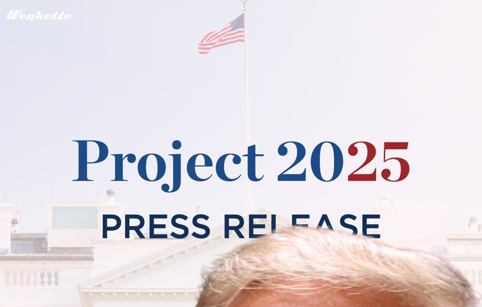 A 'Project 2025 Press Release' cover sheet with the top of Donald Trump's combover hairdo superimposed at the bottom A 'Project 2025 Press Release' cover sheet with the top of Donald Trump's combover hairdo superimposed at the bottom