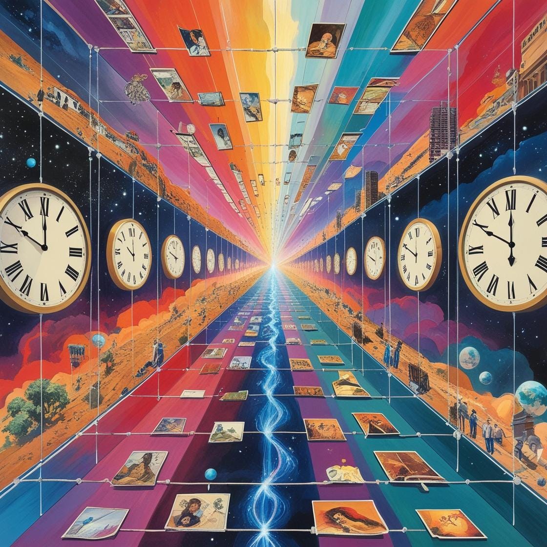 Multiple transparent timelines converging into a single point, past and future events visible simultaneously, clock faces showing different times, consciousness represented as glowing awareness