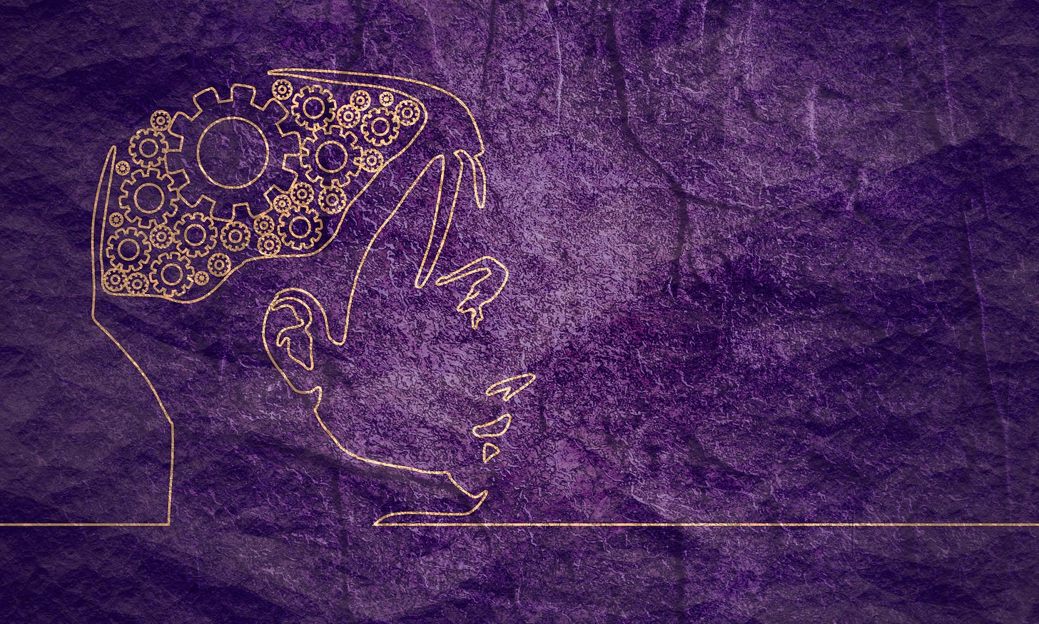 Gold line drawing of a human head in profile, containing gears, set against a textured purple background
