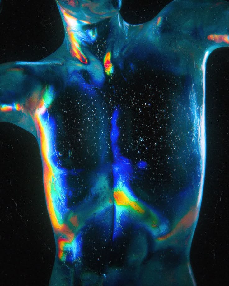 This may contain: an abstract image of a man's torso and back with multicolored paint on it
