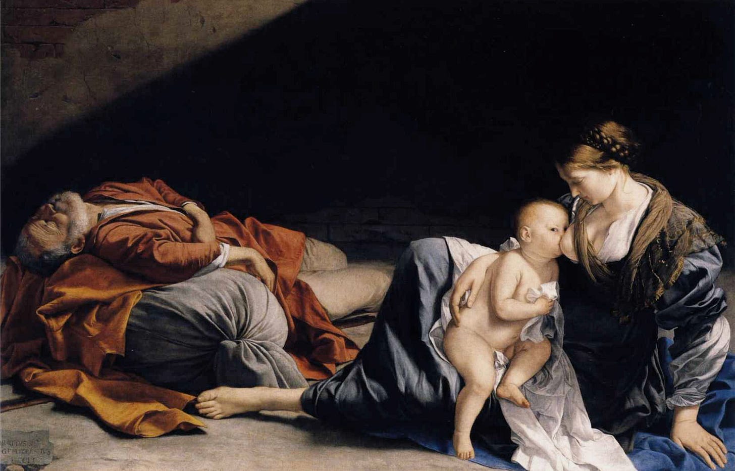 A curly haired angel plays the violin for the holy family resting in a landscape A curly haired angel plays the violin for the holy family resting in a landscape