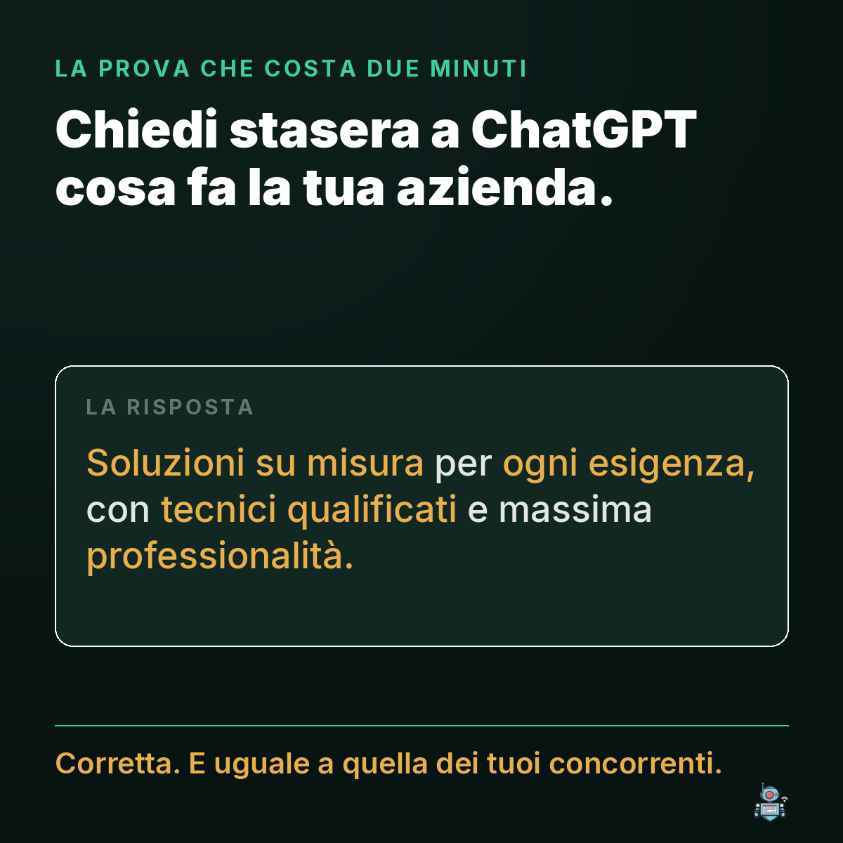 Risposta di ChatGPT su un'azienda: soluzioni su misura e tecnici qualificati, uguale ai concorrenti Risposta di ChatGPT su un'azienda: soluzioni su misura e tecnici qualificati, uguale ai concorrenti