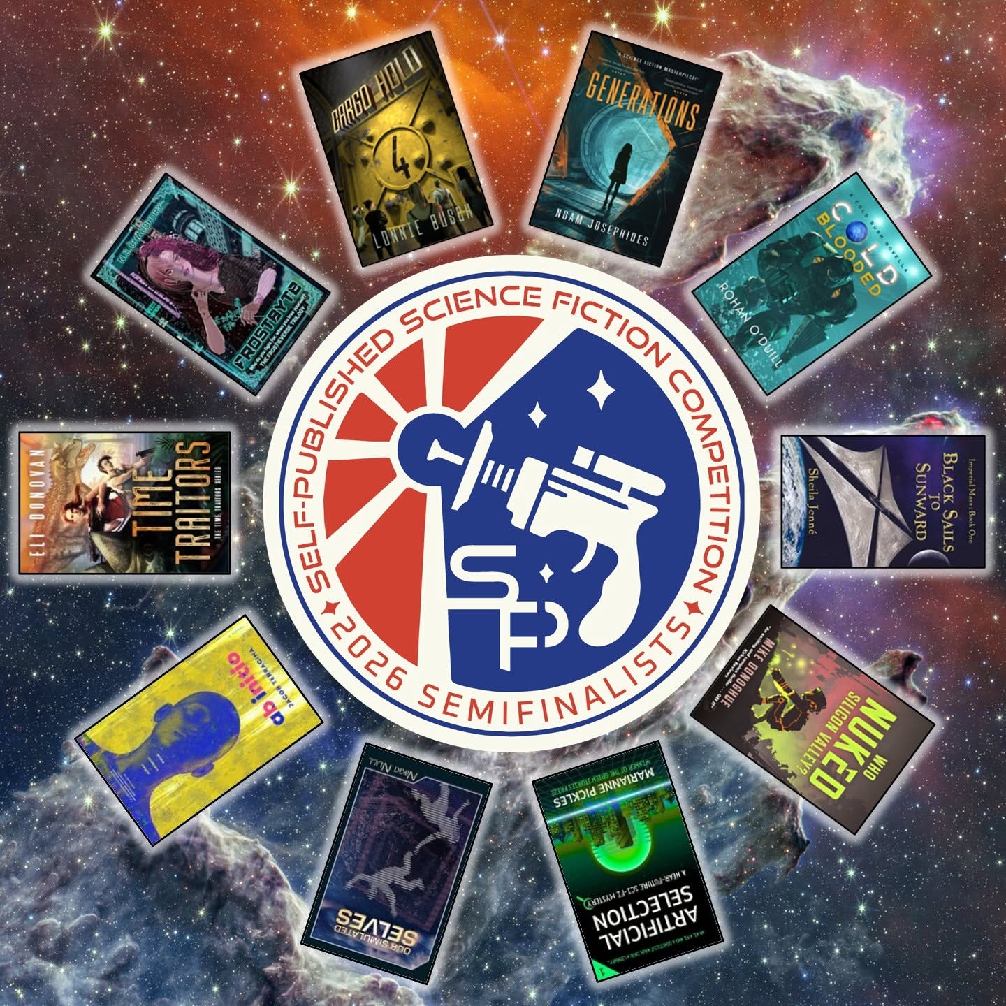 A circle of the semi-finalist books around the logo for the self published science fiction. Cold Blooded is in the top right!