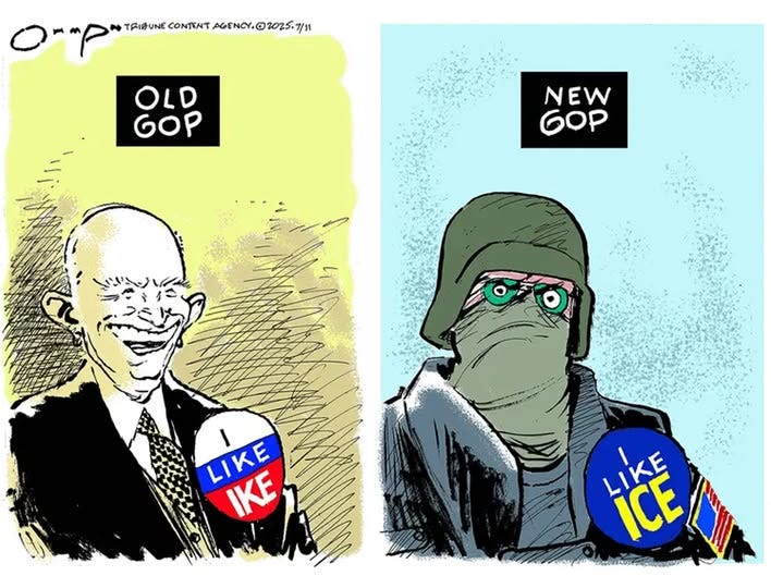 May be an illustration of text that says 'TRIBUNE T.. ይነ CONTAT ..7/11 AGENCY OLD GOP NEW GOP LIKE I LIKE IKE LIKE LIKE ICE'
