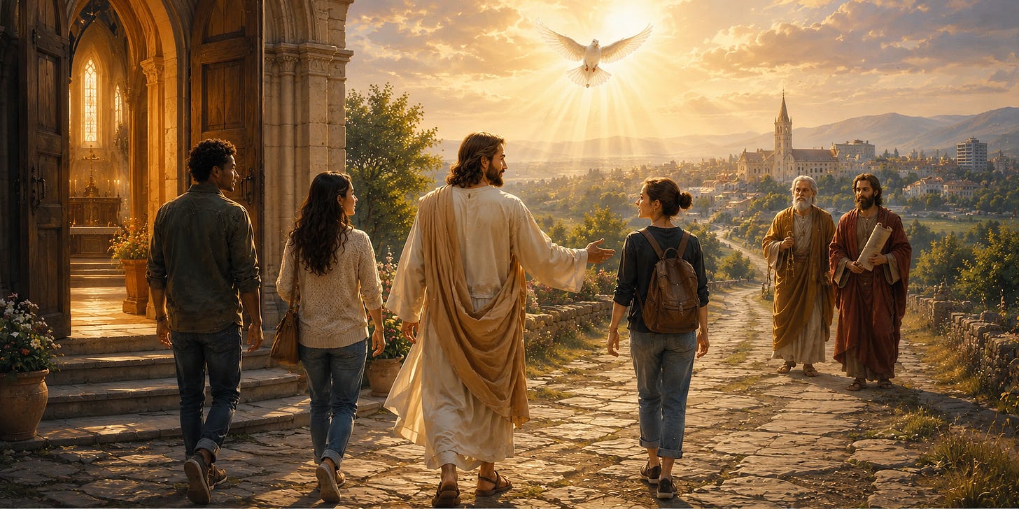 The risen Christ walks with four modern disciples leaving a Catholic church after Mass. Ahead, Saints Peter and Paul accompany them on the road toward a town while the Holy Spirit, depicted as a dove, shines above, symbolizing mission, discipleship, and carrying faith into daily life. The risen Christ walks with four modern disciples leaving a Catholic church after Mass. Ahead, Saints Peter and Paul accompany them on the road toward a town while the Holy Spirit, depicted as a dove, shines above, symbolizing mission, discipleship, and carrying faith into daily life.