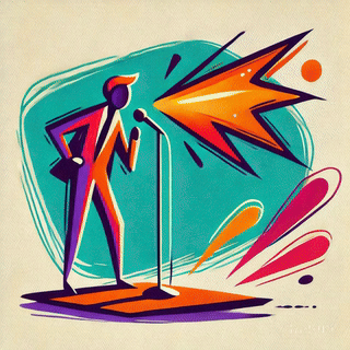 A colorful illustration of a person speaking into a microphone, with sound waves and vibrant bursts of color emanating from the microphone. A colorful illustration of a person speaking into a microphone, with sound waves and vibrant bursts of color emanating from the microphone.