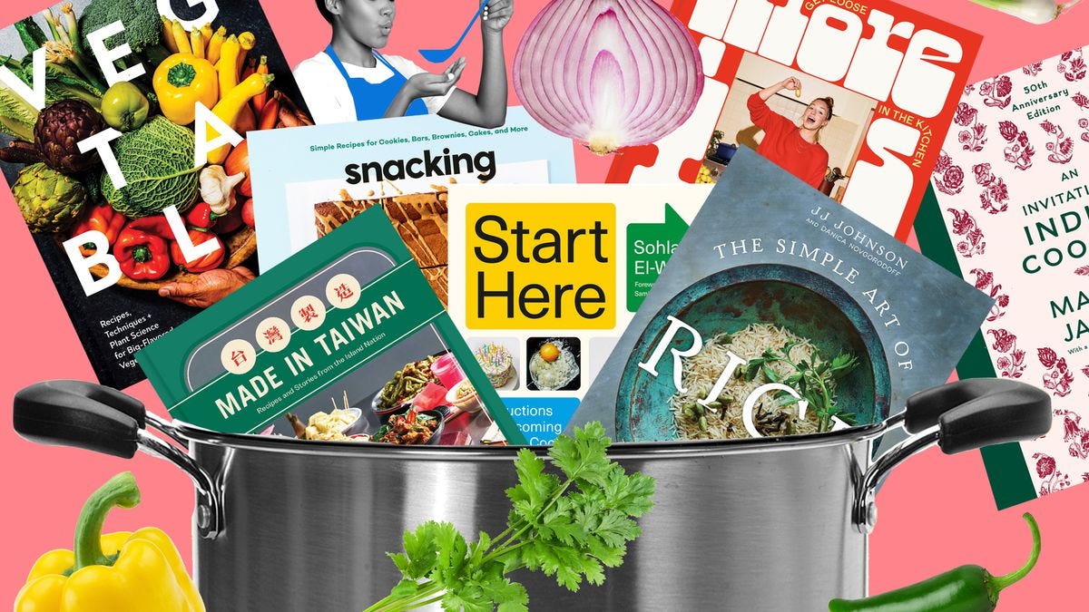 New cookbooks come out of a big stock pot, interspersed with herbs, peppers, and an onion. Collage illustration. 