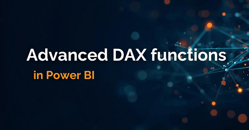 Screenshot of a Power BI presentation slide titled 'Advanced DAX functions in Power BI'. Dark background with glowing orange particle effects and connecting lines forming a network. Purple title bar at top and bottom frames the content. Screenshot of a Power BI presentation slide titled 'Advanced DAX functions in Power BI'. Dark background with glowing orange particle effects and connecting lines forming a network. Purple title bar at top and bottom frames the content.