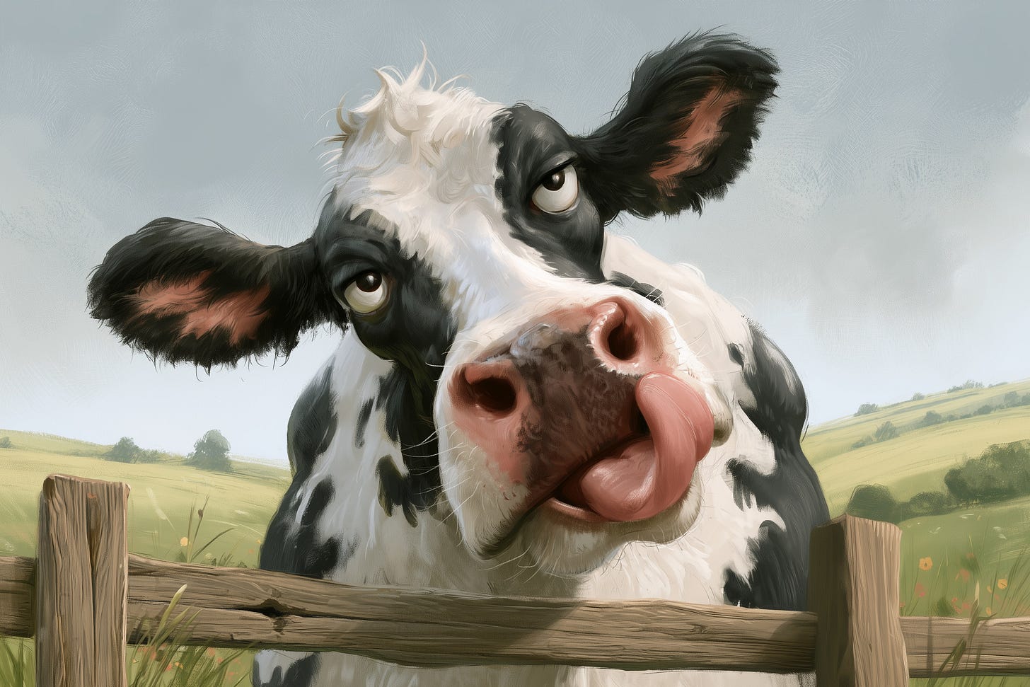 cartoon illustration of a Friesian cow with its head over a fence, licking its nose cartoon illustration of a Friesian cow with its head over a fence, licking its nose