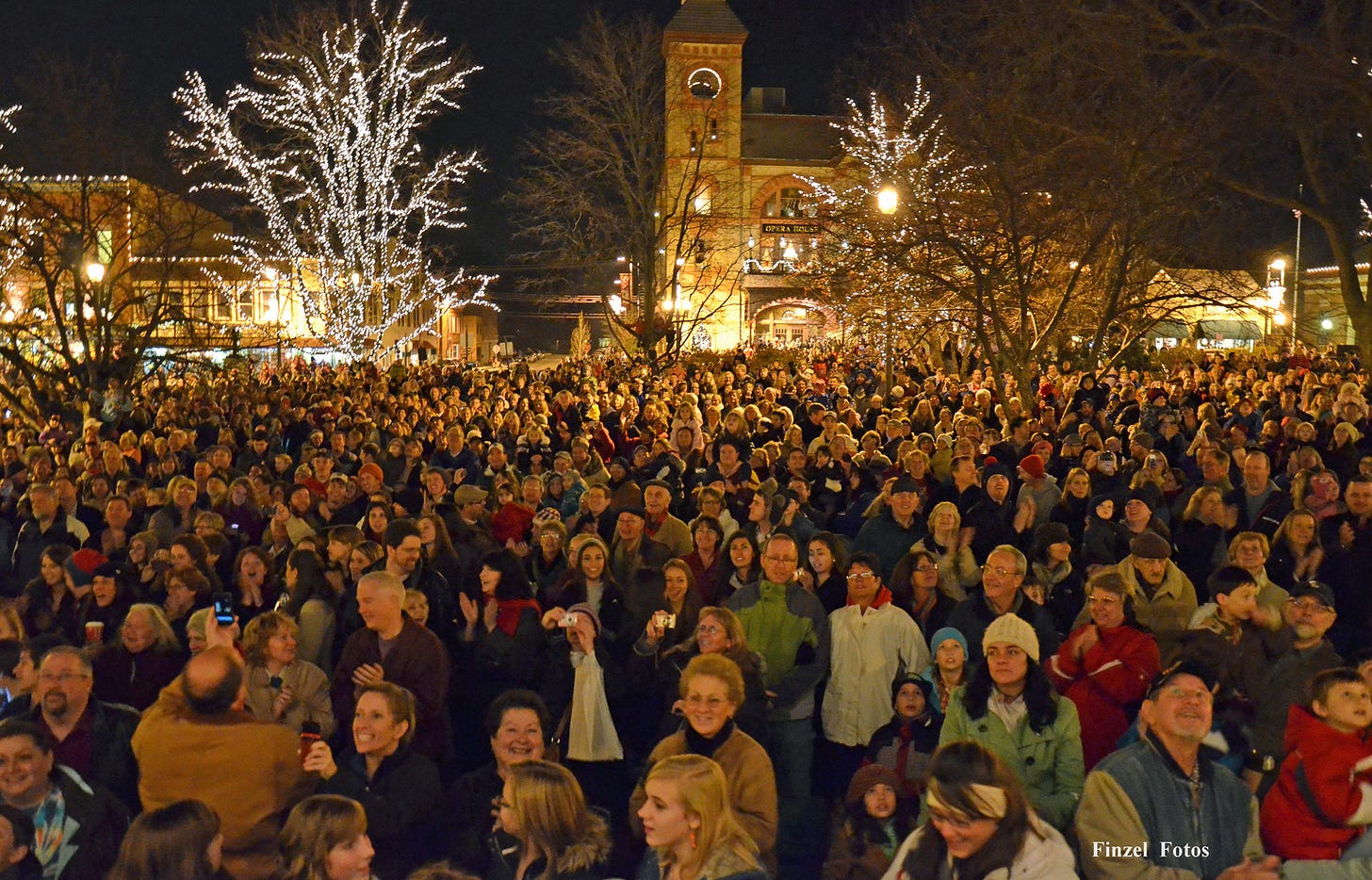 Residents celebrate the annual Lighting of the Square event in the Woodstock Square Historic District, where the 1993 movie, Groundhog Day, was filmed. Residents celebrate the annual Lighting of the Square event in the Woodstock Square Historic District, where the 1993 movie, Groundhog Day, was filmed.