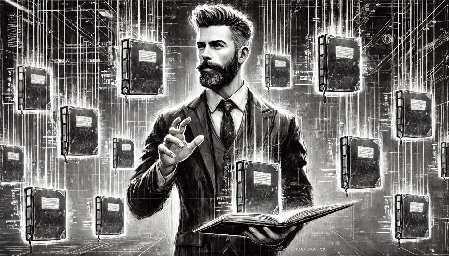 A black and white charcoal-style drawing of a stylish, hip middle-aged man with a calm, cool demeanor, full beard, and stylish hair. He stands in a high-tech environment, orchestrating an army of floating robotic notebooks that resemble traditional notebooks with covers, bindings, and pages. The notebooks display faint holographic text and data in a subtle, sketchy style. The man gestures with his hands, directing the notebooks in an ambiance that feels like a futuristic, cozy study. The overall aesthetic is textured, moody, and expressive, using light and shadow for a dramatic effect. 16:9 aspect ratio.