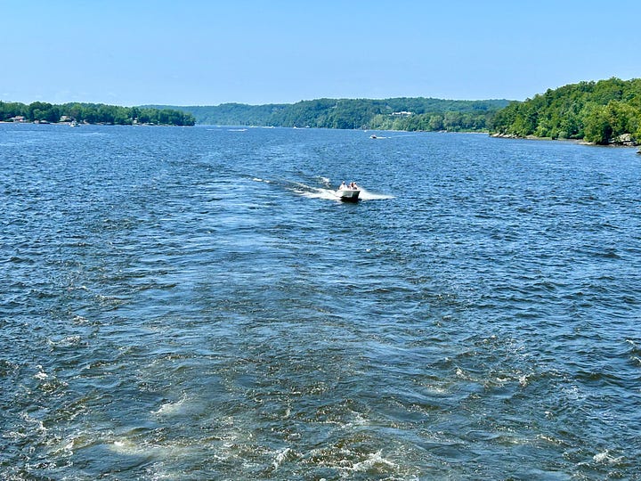 ship, decks, flag, boats, water, sky
