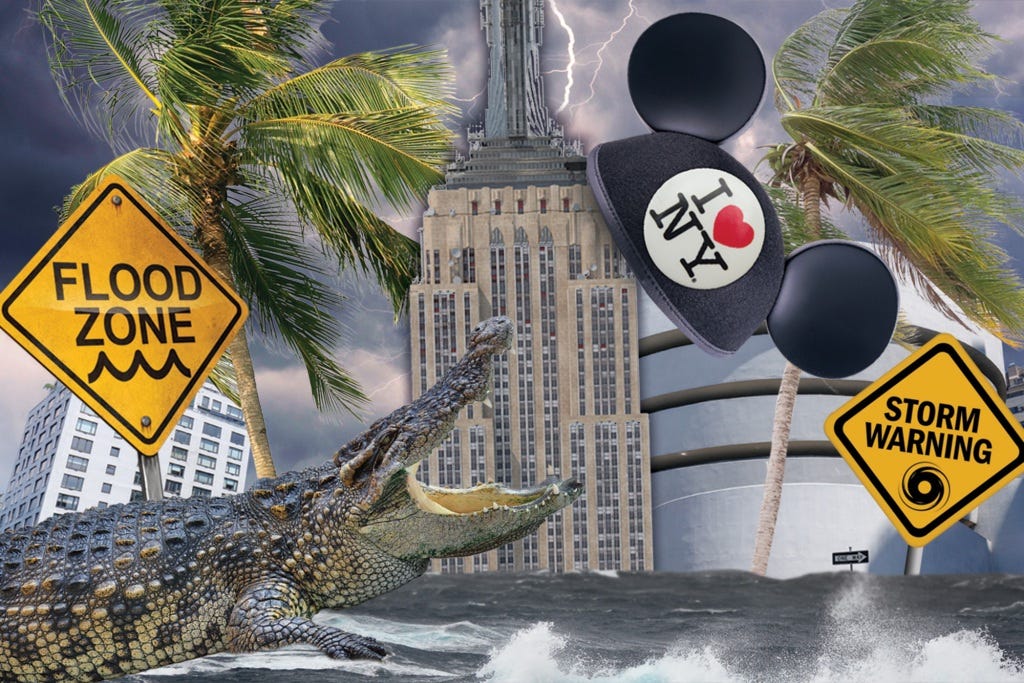 A composite image combining New York icons like the Empire State Building with Florida icons like alligators, hurricanes, and Mickey Mouse.