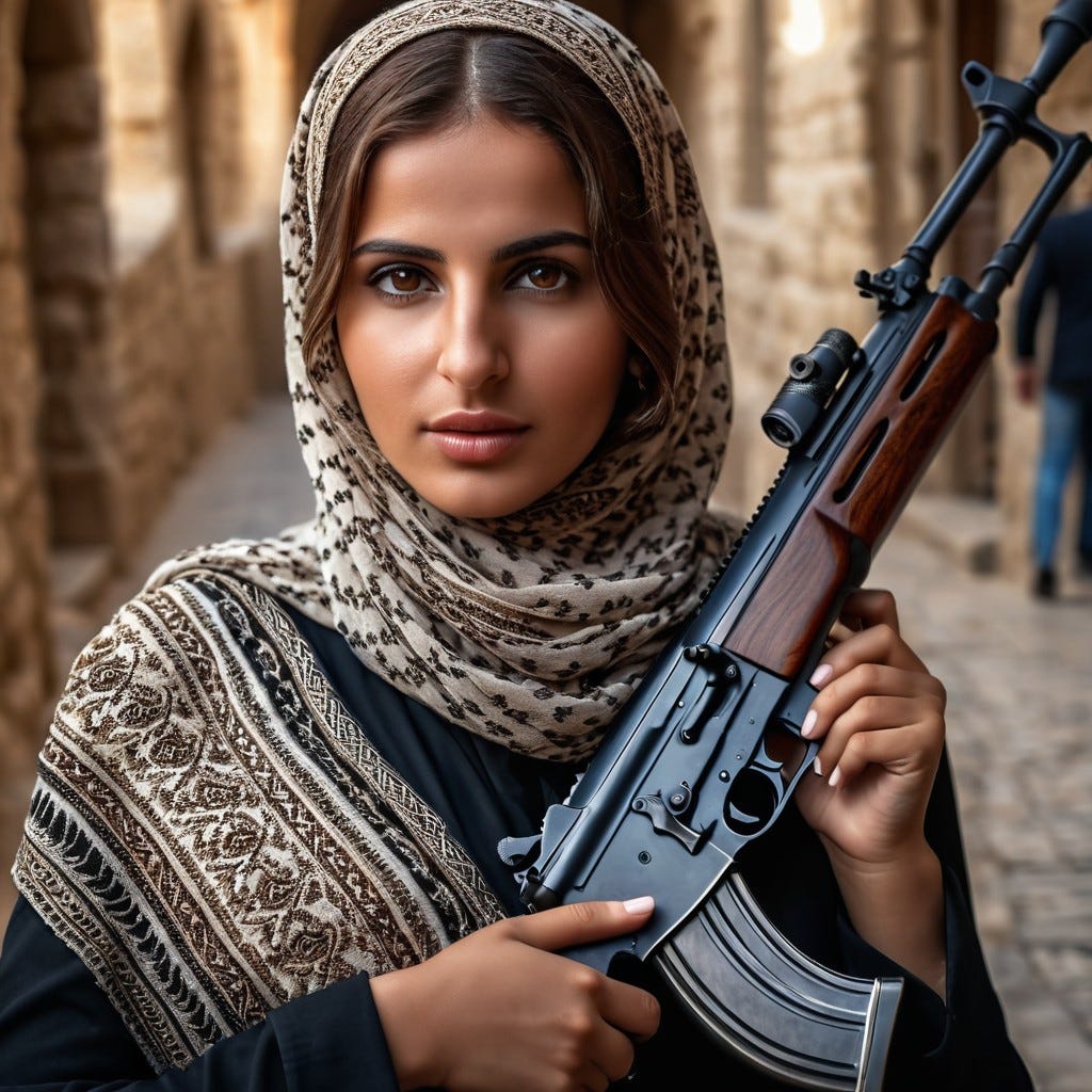 zoomed out 8k of beautiful palestinian woman with brown hair in ...