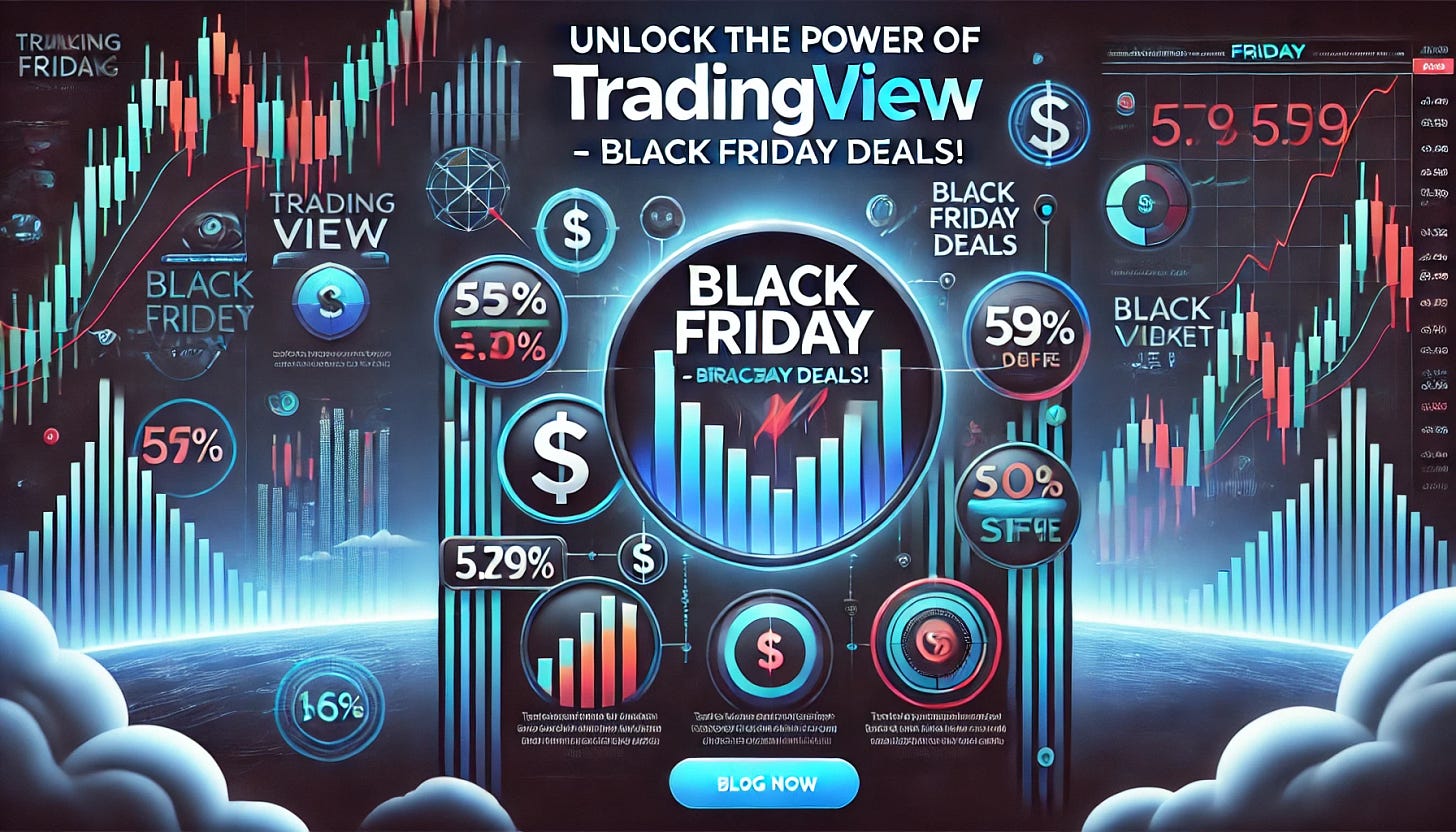 A sleek and modern blog thumbnail for an article about TradingView and its Black Friday deals. The design includes a vibrant chart with stock market indicators, a bold title 'Unlock the Power of TradingView - Black Friday Deals!', and elements like candlestick patterns, graphs, and a subtle dollar sign motif. The background has a dynamic blue gradient with tech-inspired aesthetics. Perfect for a 16:9 aspect ratio, professional, and eye-catching.