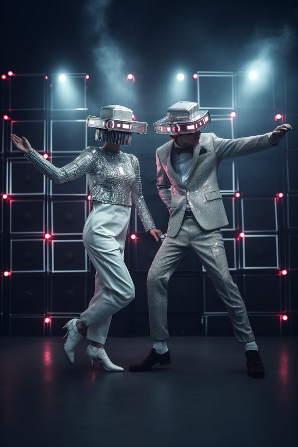 An AI-generated image of two machine-like people on a dance floor. An AI-generated image of two machine-like people on a dance floor.
