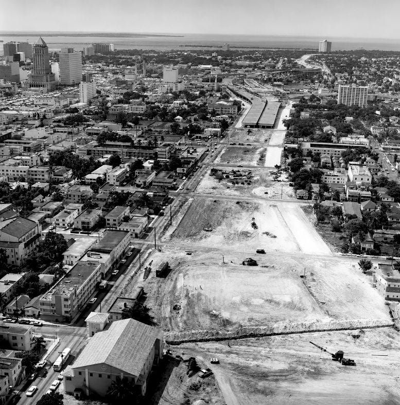 Construction of the North South Expressway, later referred to as I-95, as it is routed through Miami’s Overtown neighborhood. Courtesy of Florida State Archives. Construction of the North South Expressway, later referred to as I-95, as it is routed through Miami’s Overtown neighborhood. Courtesy of Florida State Archives.
