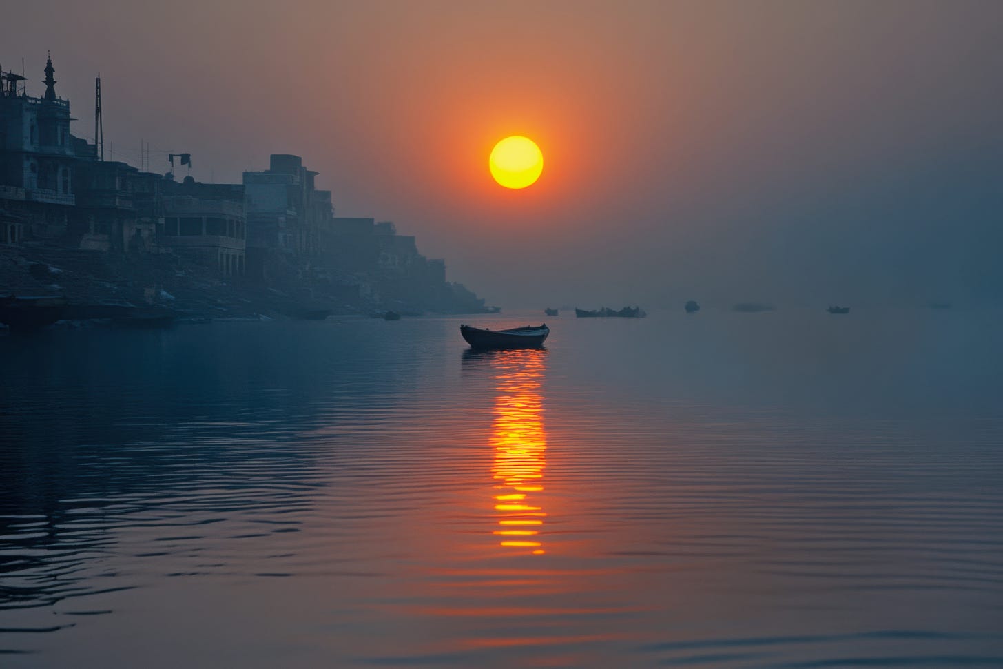 River with rising sun illuminating an empty anchored boat River with rising sun illuminating an empty anchored boat