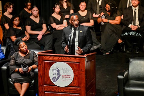 Dr. Keith Elder, president of St. Xavier University, and Troy Chancellor Dr. Jack Hawkins, Jr. were the keynote speakers at the annual John Robert Lewis Leadership conference. The conference, in its 23rd year, was held on Jan. 31 and Feb. 1 in the Trojan Center.