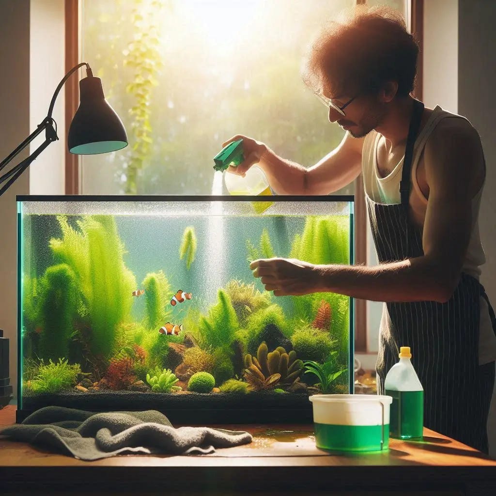Criar imagem de um aquarista limpando as algas do vidro de seu aquário plantado , em sala com luz natural, estilo Pixar Criar imagem de um aquarista limpando as algas do vidro de seu aquário plantado , em sala com luz natural, estilo Pixar