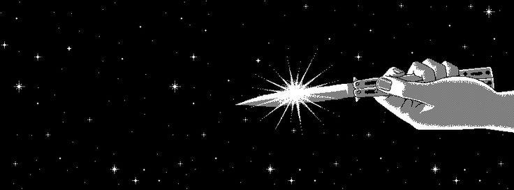 This may contain: a drawing of a hand holding a sci - fi object in the air with stars in the background