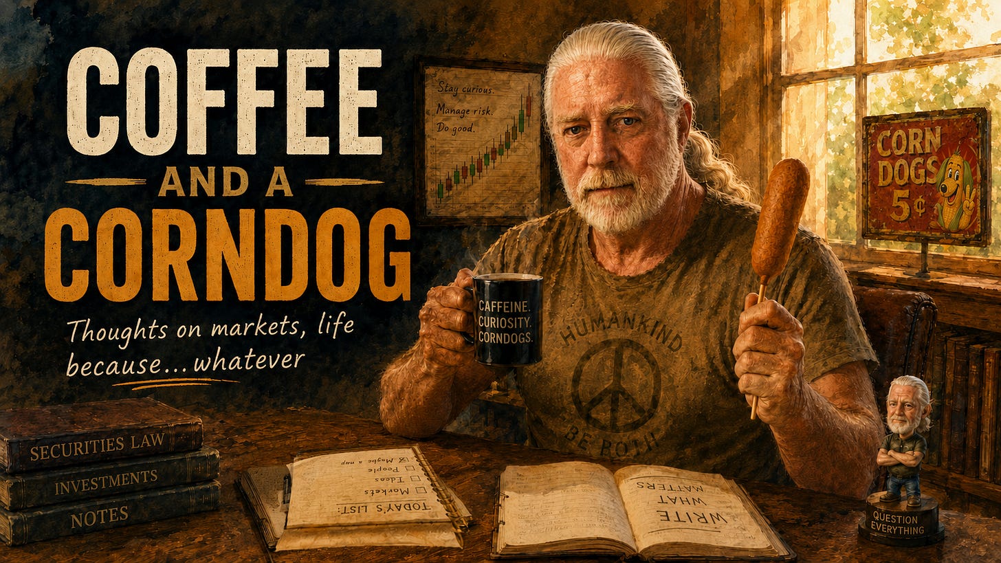 Painted illustration in warm sepia and gold. A white-haired, bearded Rick Horowitz in an olive peace-sign T-shirt sits at a wooden desk, holding a black mug reading "Caffeine. Curiosity. Corndogs." in one hand and a corndog on a stick in the other. Behind him, a framed candlestick chart labeled "Stay curious. Manage risk. Do good.", a sunlit window, and a vintage tin sign reading "Corn Dogs 5¢" with a smiling cartoon corn-cob dog flashing a peace sign. On the desk: law books, an open journal, a to-do list, and a bobblehead of the man on a base reading "Question Everything." Large title text reads "Coffee and a Corndog — Thoughts on markets, life, because…whatever."