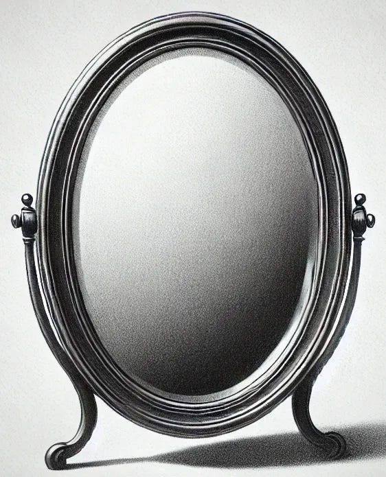 A simple black and white pencil drawing of a classic mirror. The mirror has an elegant but minimalistic frame, with subtle shading to create depth and reflection. The glass surface is slightly textured to give it a realistic look. The background is clean and uncluttered, emphasizing the simplicity and symbolism of the mirror.