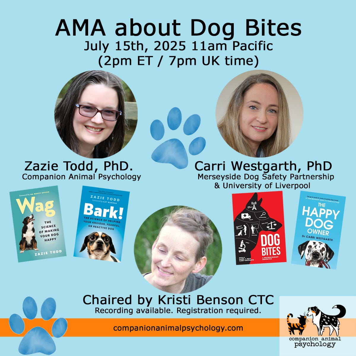 The poster includes photos of Zazie Todd, Carri Westgarth, and Kristi Benson, along with the covers of some of Zazie and Carri's books. The details are as below.