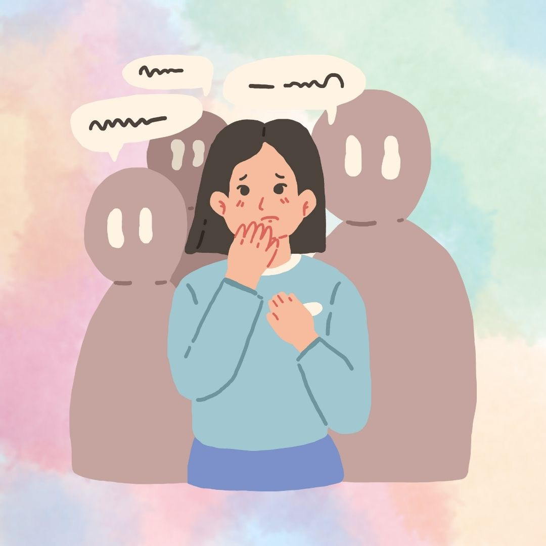 A person with ghosts whispering behind them. 