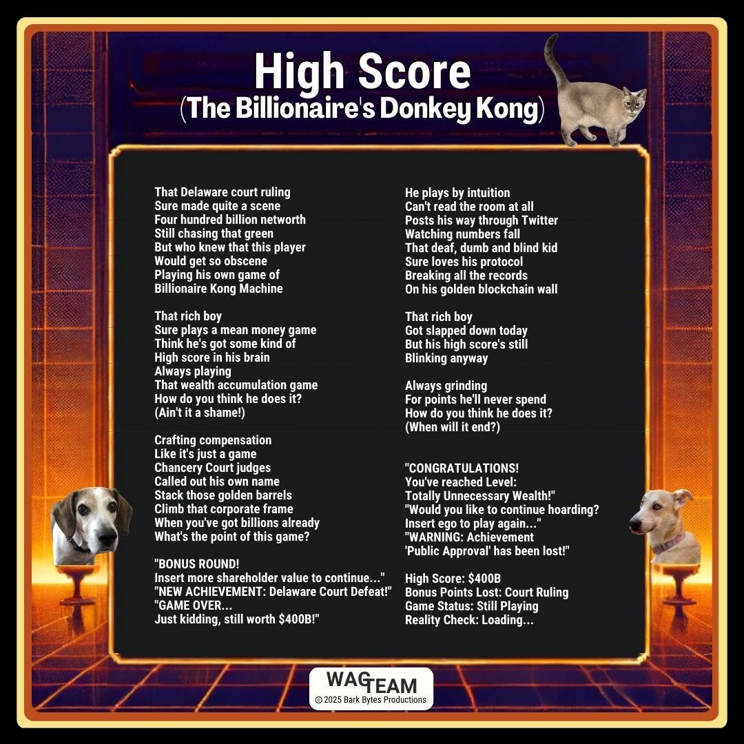 Gaming-style lyrics display screen with retro arcade aesthetic, showing "High Score" lyrics laid out like a vintage video game manual against a grid background with pixelated decorative elements.