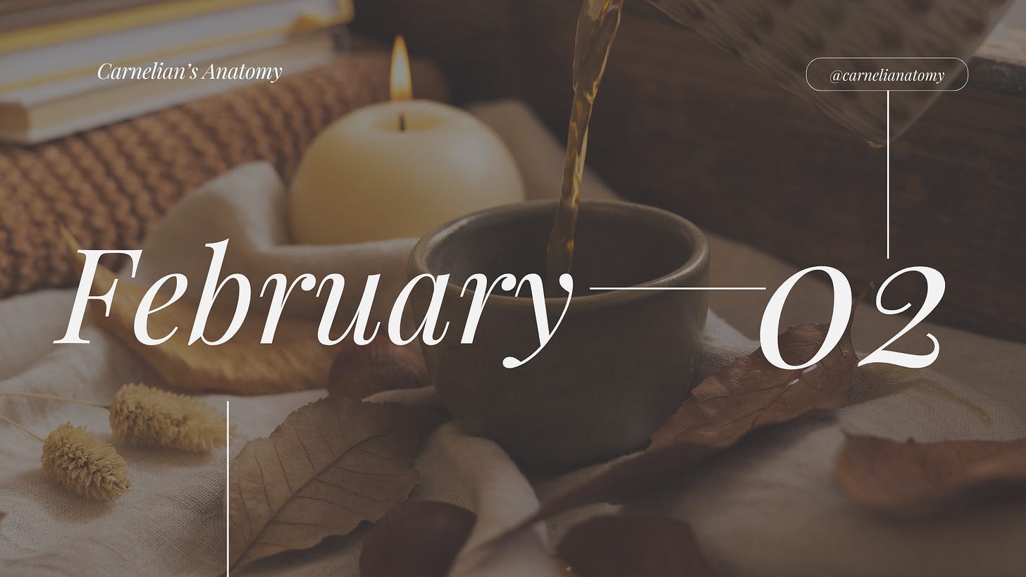 Pictured is a banner for the month of February. The top layer is the numerical month and our publication user name. The background is a lit candle in the shape of a peeled apple, a sake of books, and a ceramic cup sitting on top of autumn colored leaves with coffee being poured in it from the top of the picture.