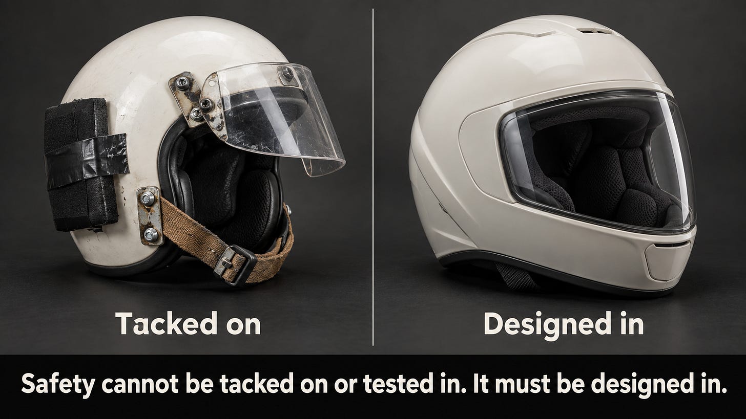 Two helmets photographed side by side on a dark background. The left one is a plain shell with a mismatched strap, visor, and padding bolted and taped onto the outside of it. The right one is a single molded helmet with the visor, strap, and padding built into the shell itself. Text reads: Tacked on. Designed in. Safety cannot be tacked on or tested in. It must be designed in. Two helmets photographed side by side on a dark background. The left one is a plain shell with a mismatched strap, visor, and padding bolted and taped onto the outside of it. The right one is a single molded helmet with the visor, strap, and padding built into the shell itself. Text reads: Tacked on. Designed in. Safety cannot be tacked on or tested in. It must be designed in.