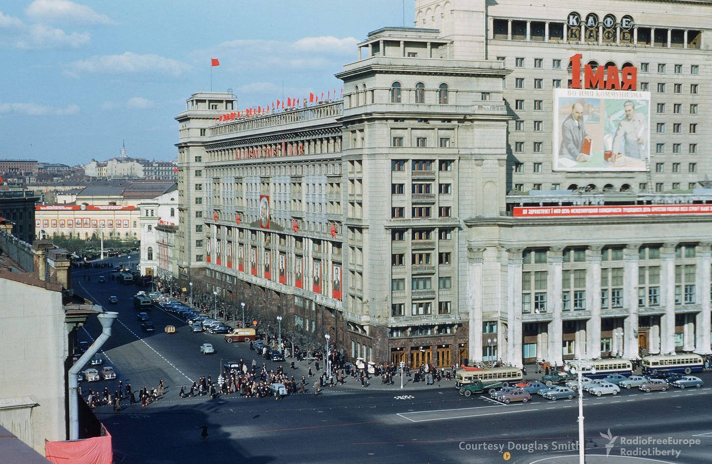 The iconic Hotel Moskva stands prominently on Manezhnaya ploshchad, a landmark of 1950s Moscow architecture. The iconic Hotel Moskva stands prominently on Manezhnaya ploshchad, a landmark of 1950s Moscow architecture.