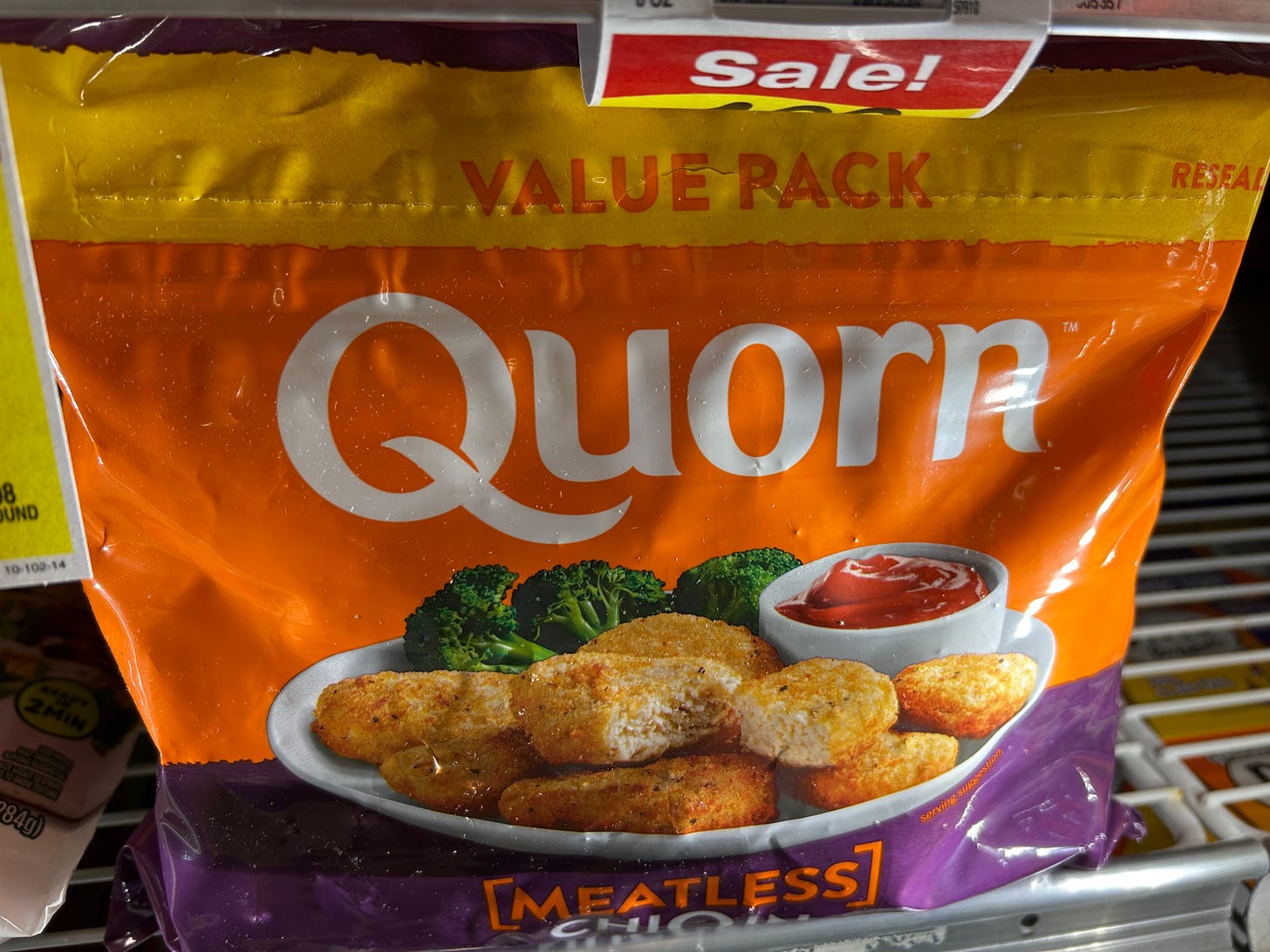 Bag of Quorn chicken substitute in the supermarket freezer.