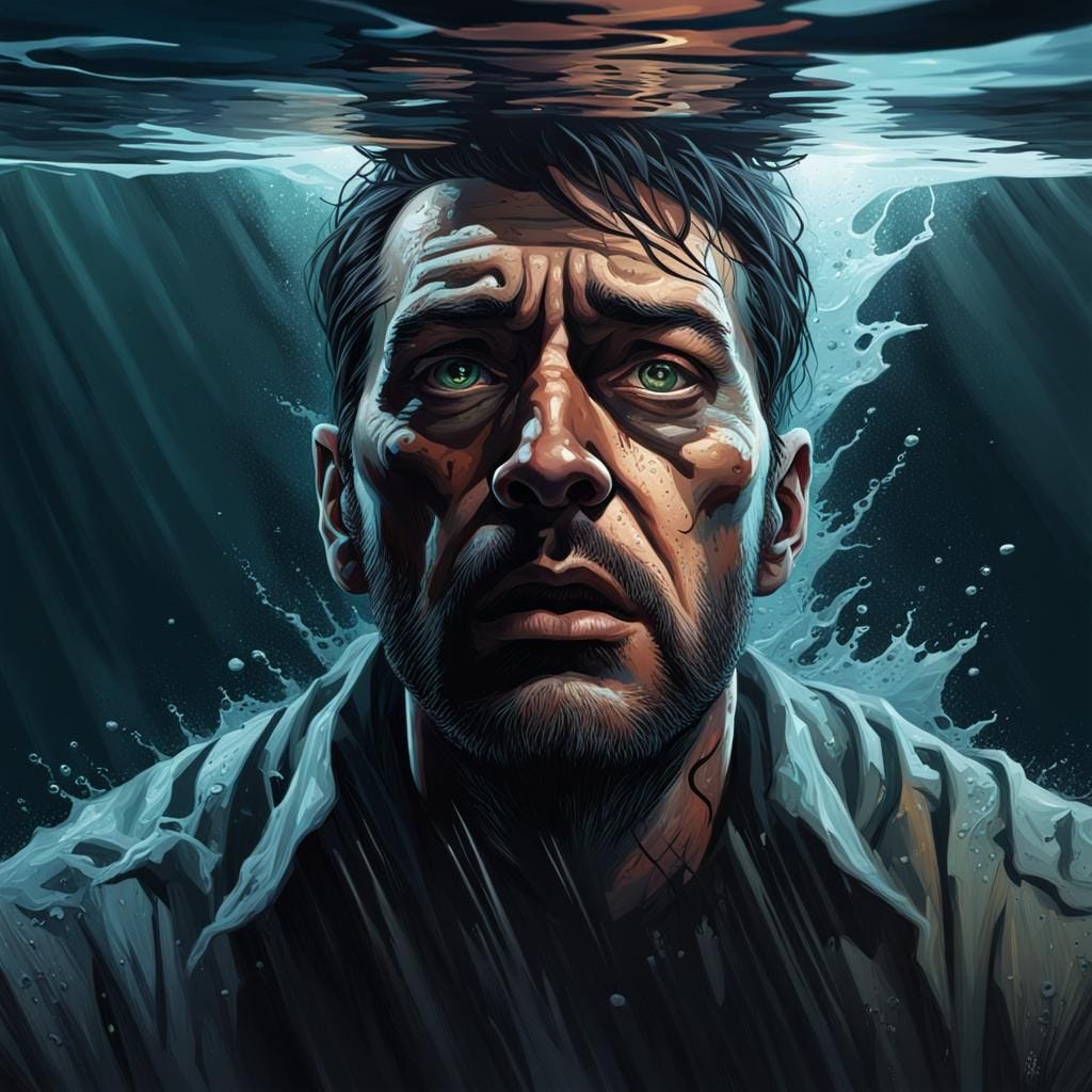 Fear: The protagonist, trapped in a sinking ship, watches as the water level rises. The fear is paralyzing, the dark water a terrifying unkn...