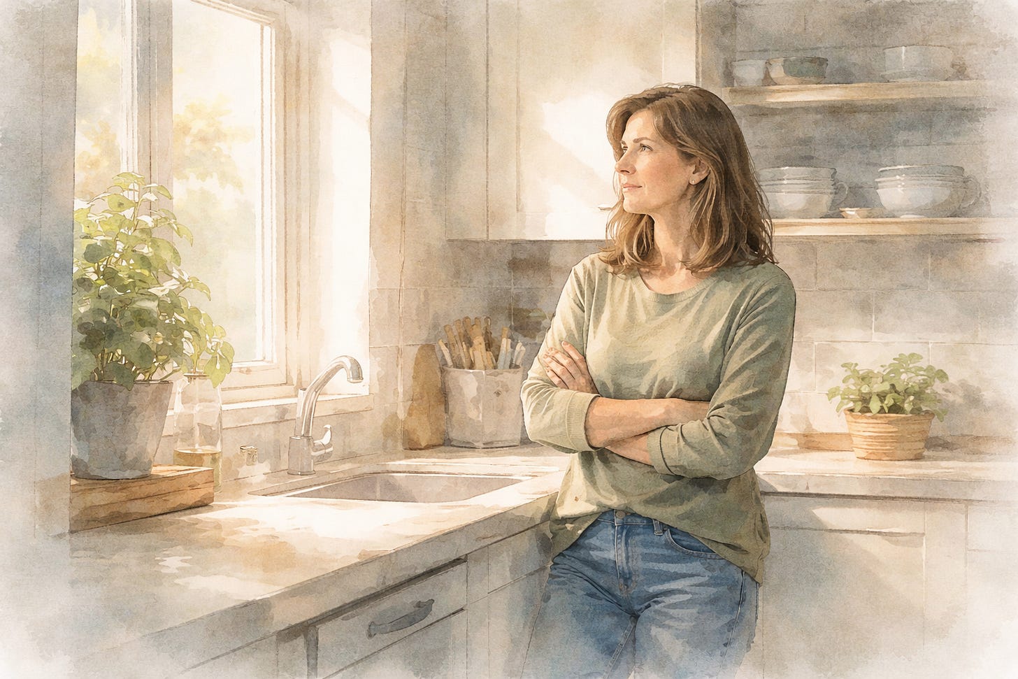Contemplative woman standing in a softly lit kitchen with arms crossed, reflecting on self-love and personal growth.