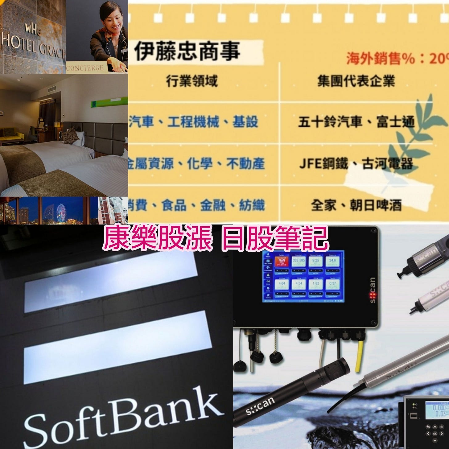 可能是顯示的文字是「 WH HO HOTELGRA EL GRAC OTEL CONCIERGE ONC ERGE 伊藤忠商事 行業領域 海外銷售%:2 :20 集團代表企業 汽車 工程機械 車、工程機械、基設 基設 五十鈴汽車。 、富士通 全層資源、化學、不動產JFE網織、古河专料 JFE JFE鋼鐵、古河電器 古河電器 全屬資源 金屬資源、化學、不動產 化學、 不動產 JFE鋼鐵 関理務費 引灣費、食品、金融、紡織 、食品 金融 紡纖 全家 全家、朝日啤酒 朝日啤酒 康樂股漲 股漲日股筆記 日股筆記 aain SHRCI SoftBank Soft Bank s::can s::can EIS 」的圖像