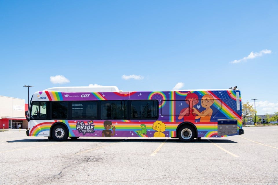 The 2025 Pride bus, designed by local artist Sebastian Bailey, features different characters on a background of overlapping rainbow roads. You’ll see the bus at local Pride events and on different routes throughout the summer.