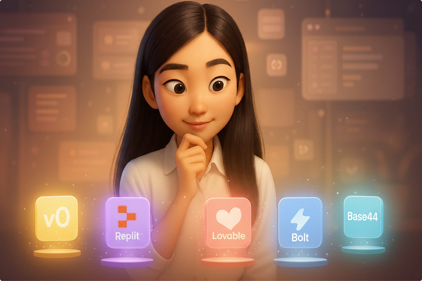Jenny Ouyang from BuildToLaunch.ai evaluating five AI coding platforms — Replit, Lovable, v0, Bolt, and Base44 — in a magical 3D workspace. Known for helping builders navigate AI tools and ship real products, she looks down thoughtfully at the glowing, floating icons, deciding which platform best fits her build style.